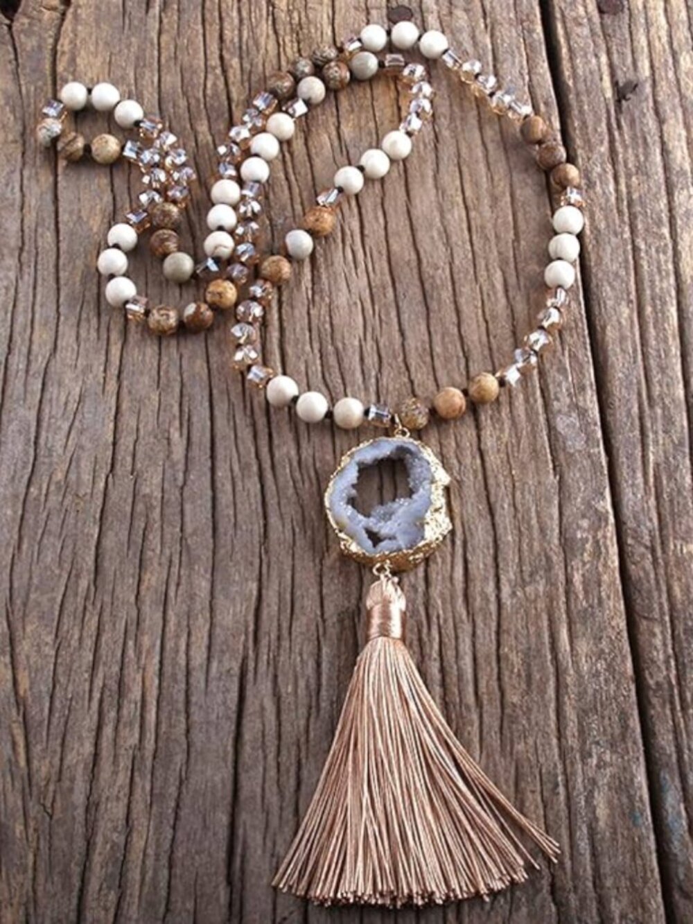 Gold and White Beaded Druzy Pendant Necklace with Tassel
